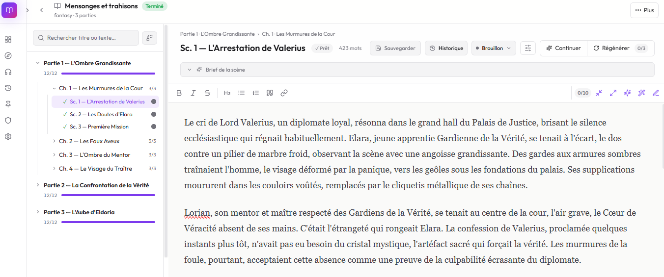 Éditeur de scène LIVRATA — réécriture, régénération et historique des versions d'un roman